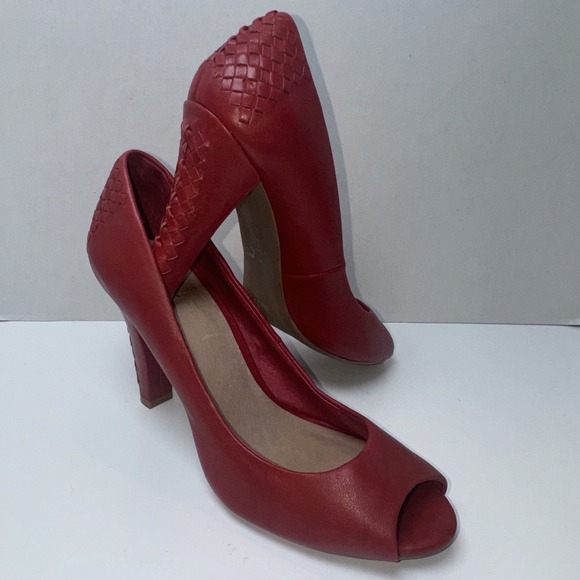 Elliott Lucca Cadiz Shoes size 7.5 Genuine Leather Red Open Toe Braided Heel - Picture 1 of 8